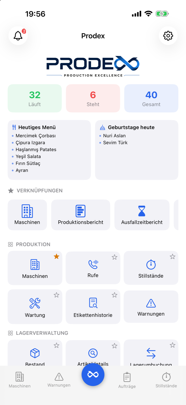 Prodex Mobile home screen with module tiles