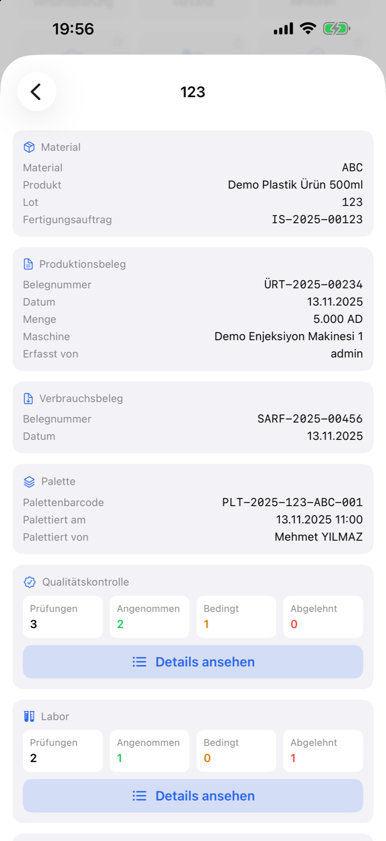 Prodex Mobile lot tracking detail with material, production and pallet records