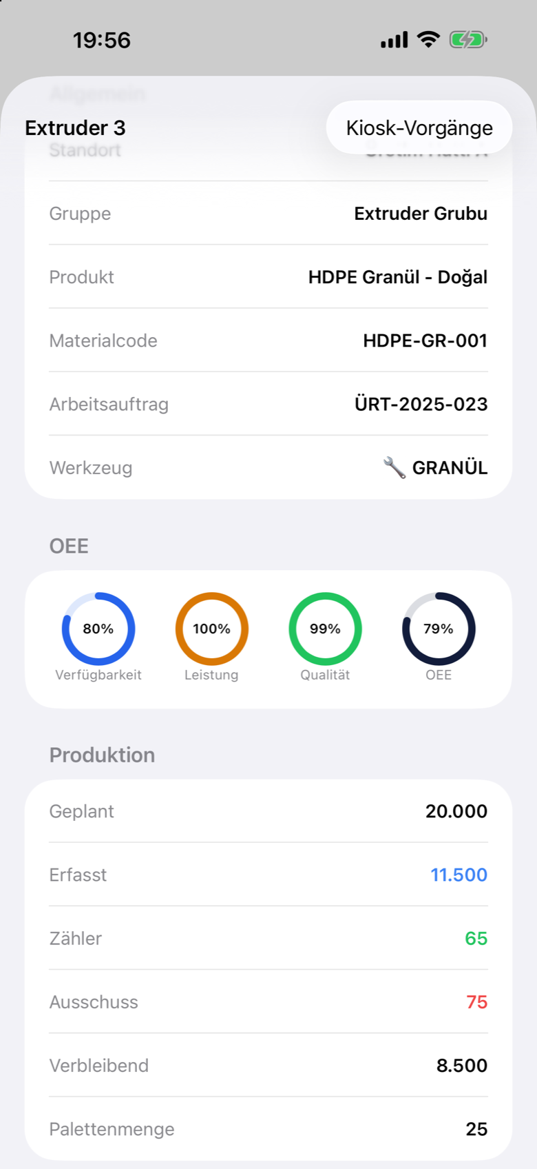 Prodex Mobile machine detail with live OEE gauges and production counters