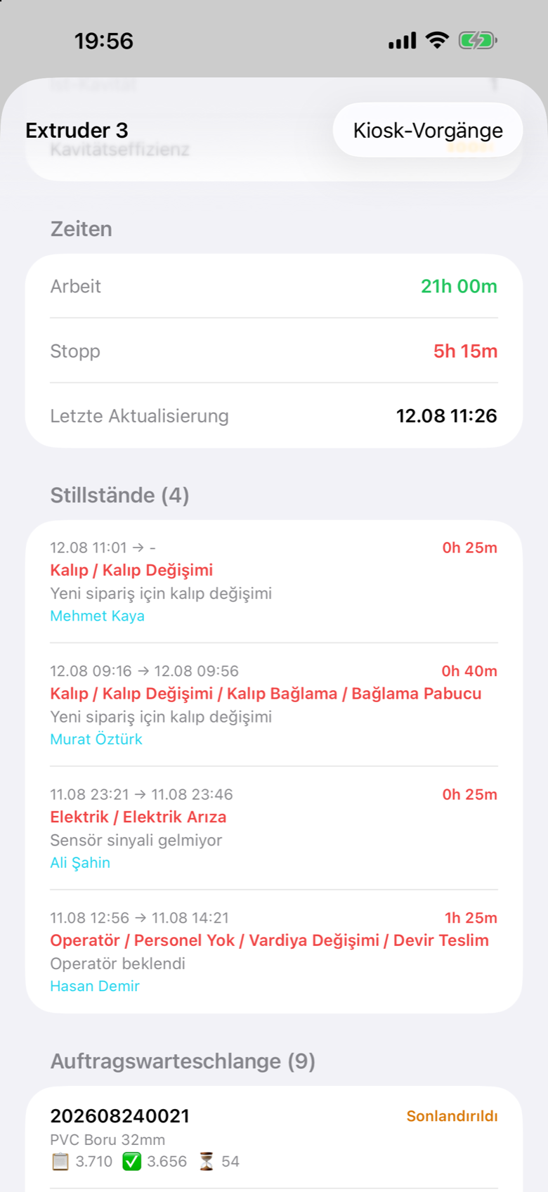 Prodex Mobile machine downtime history with reasons and technicians