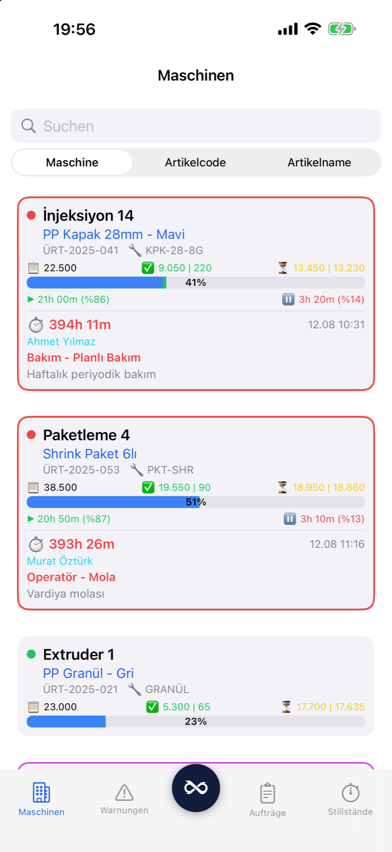 Prodex Mobile live machine cards with downtime reasons