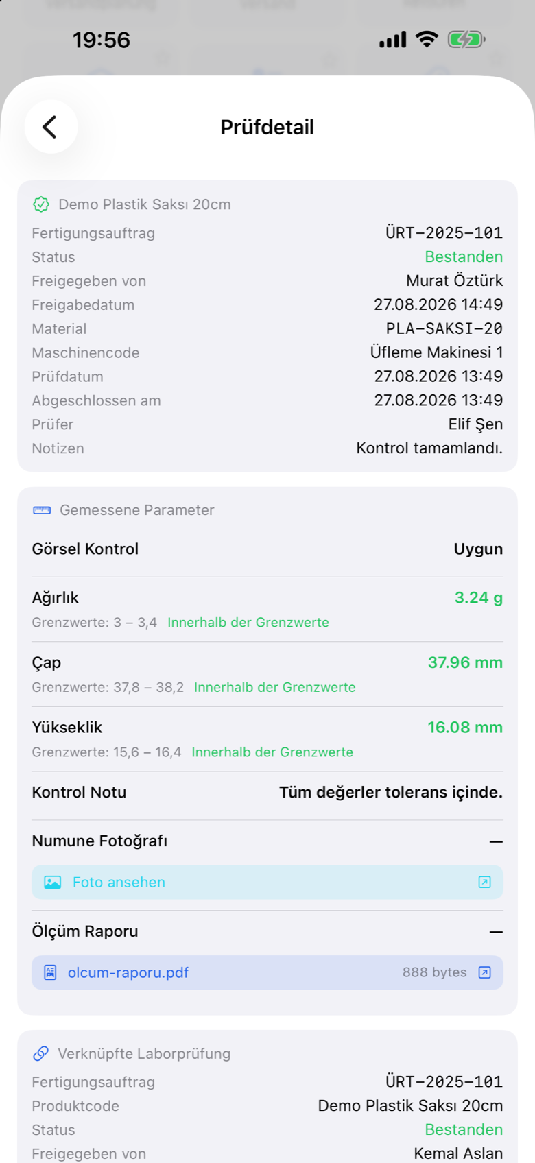 Prodex Mobile quality control detail with measured parameters and limits