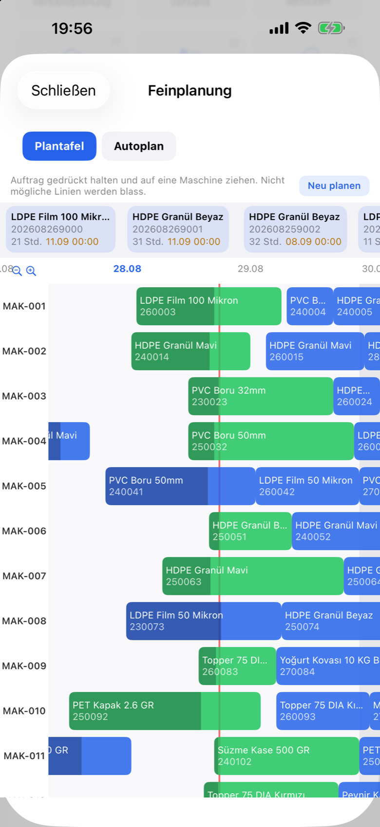 Prodex Mobile drag and drop scheduling board across machines