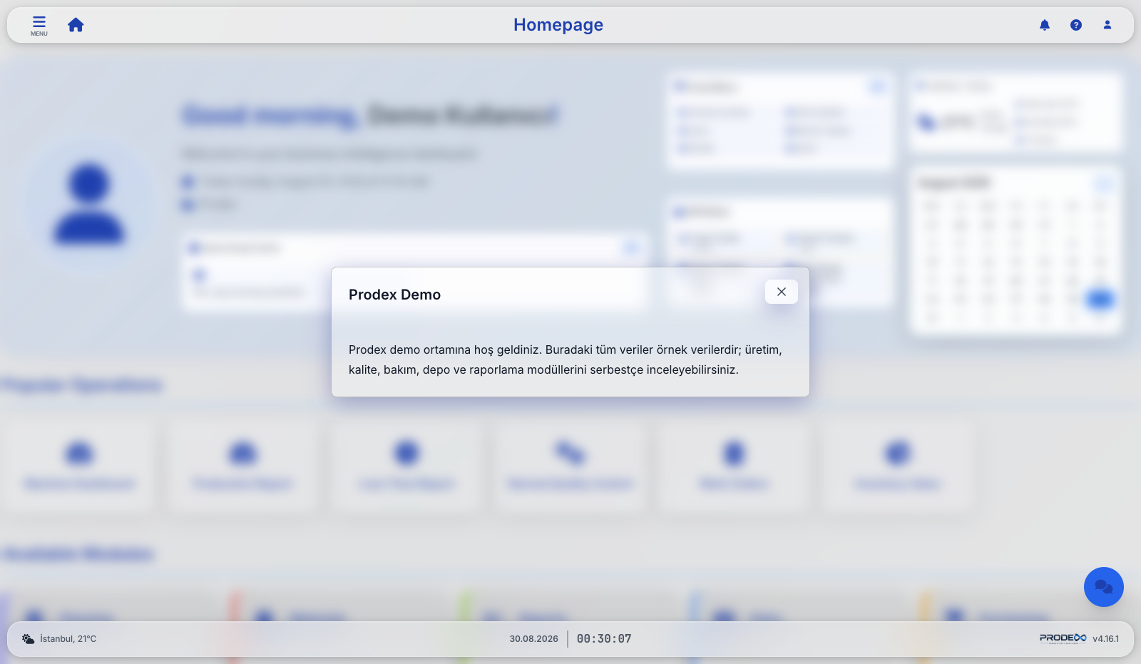 Prodex homepage dashboard
