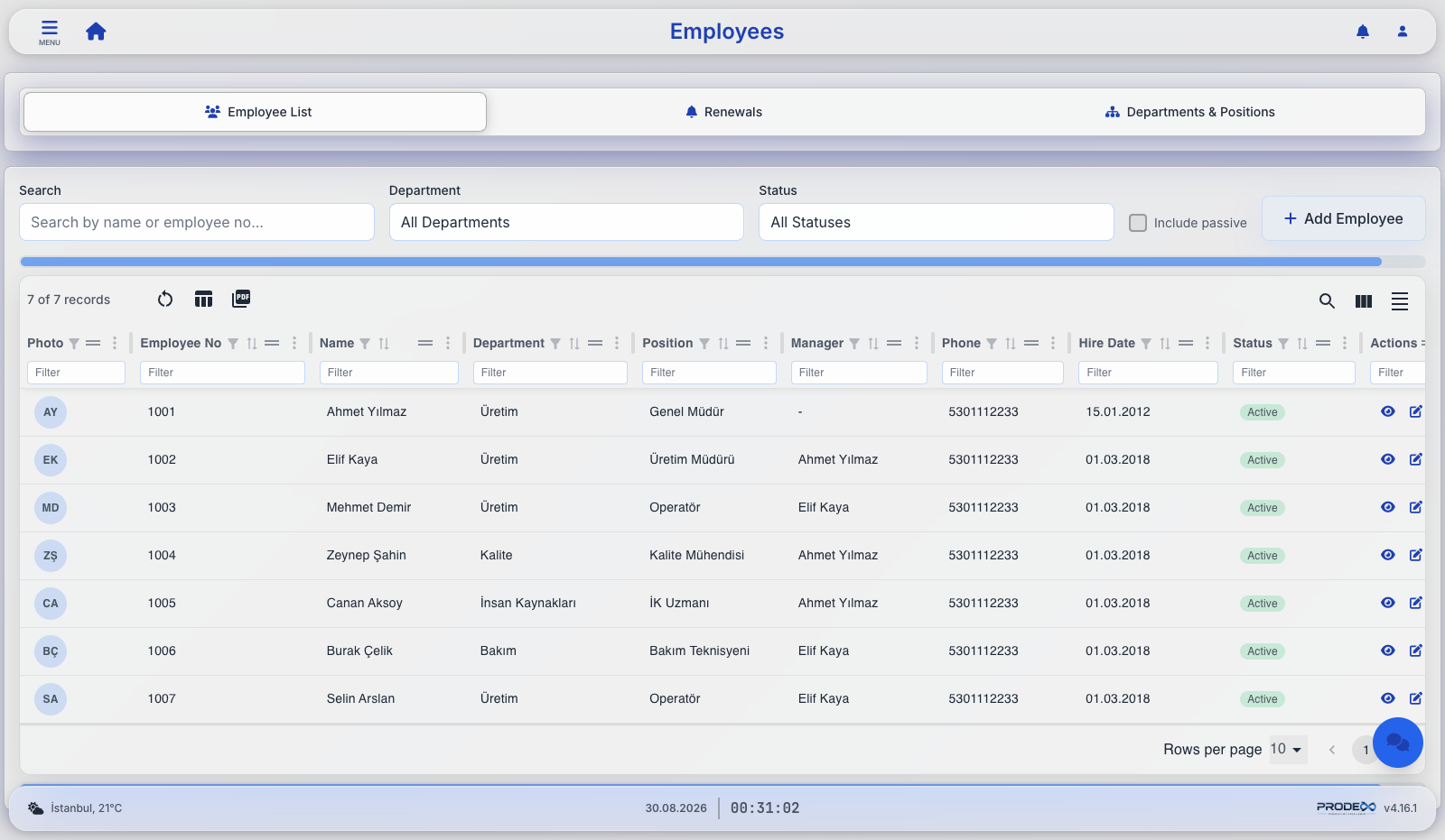 Prodex employee list with departments, positions, managers and status