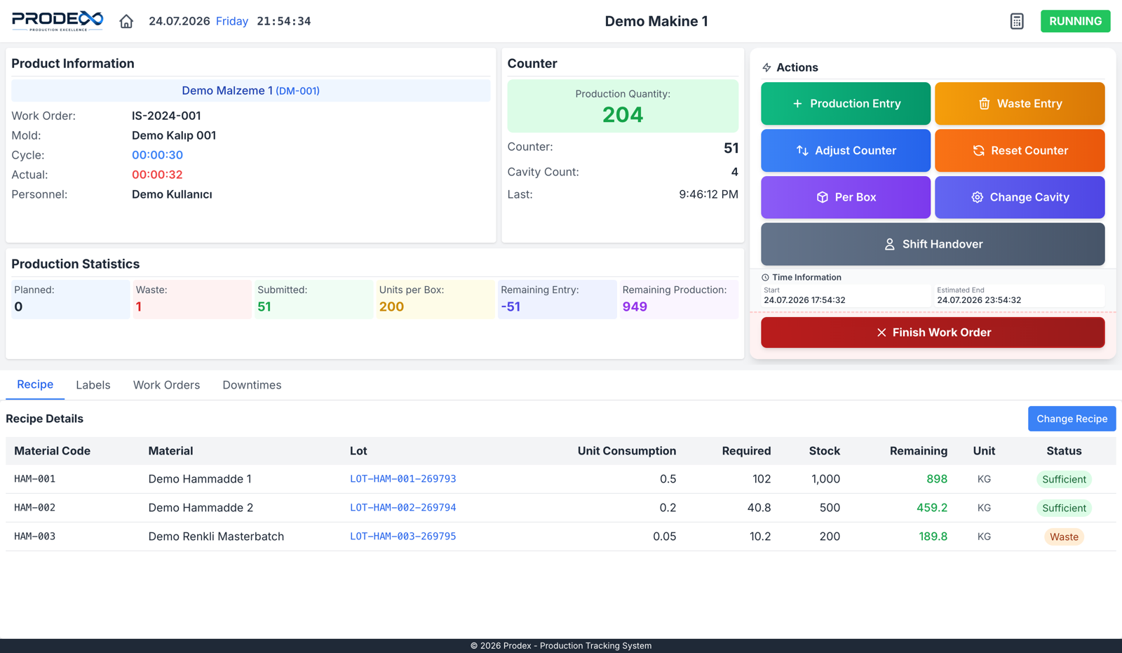 Prodex kiosk operator terminal with touch actions and FIFO recipe