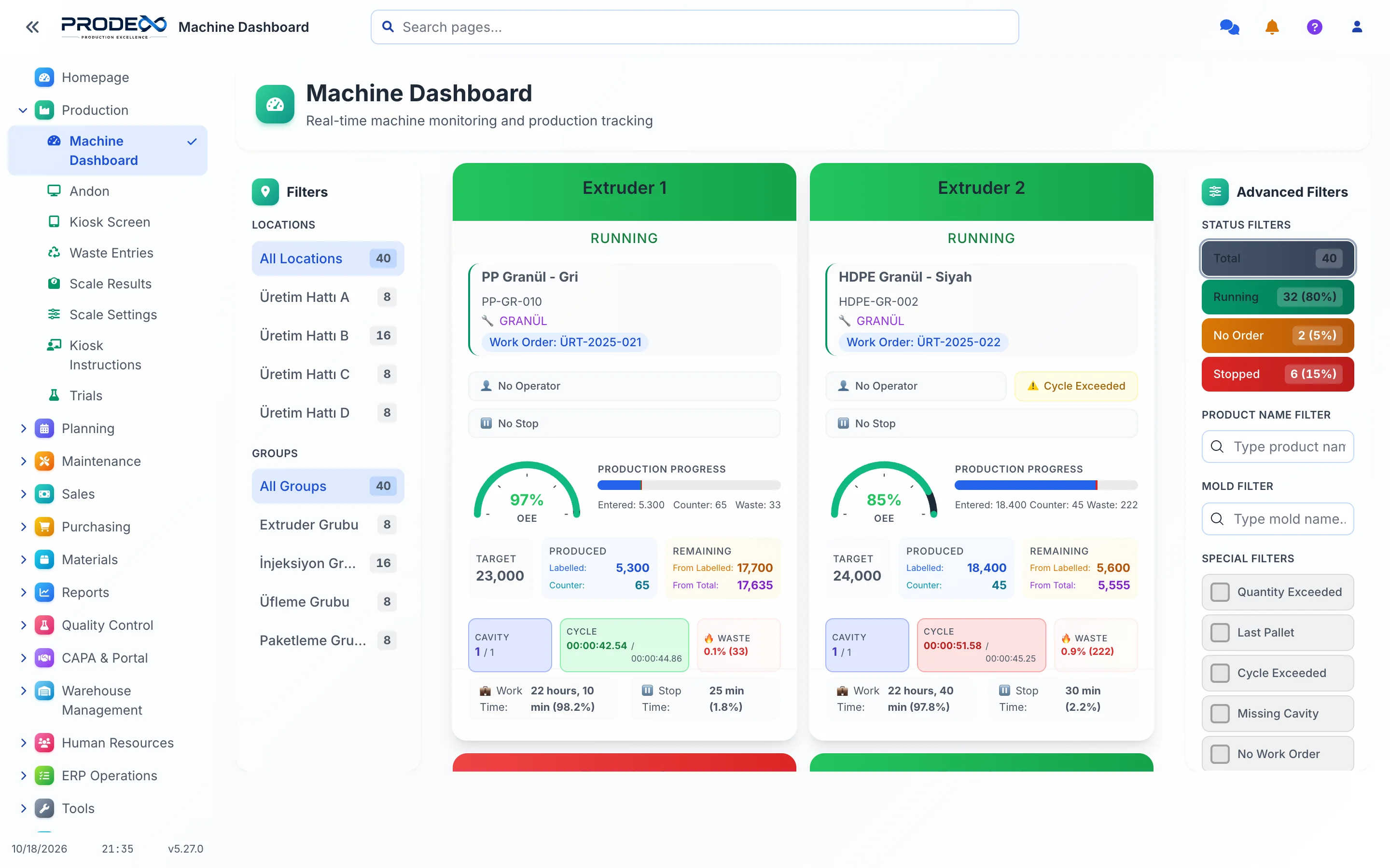 Prodex machine dashboard with live machine cards, OEE and work order progress