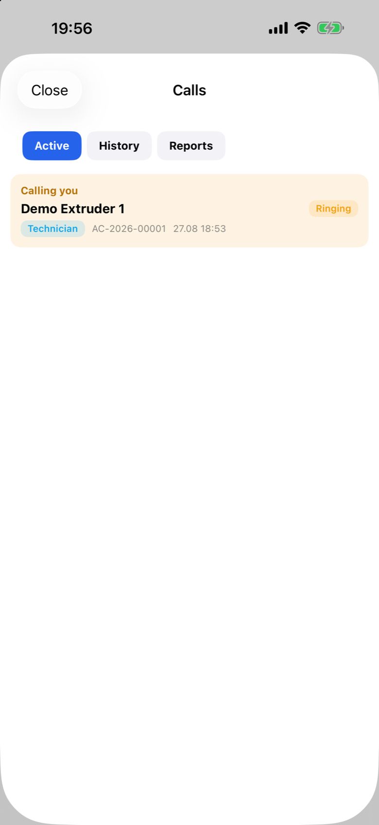 Prodex Mobile andon call ringing with machine name and call type