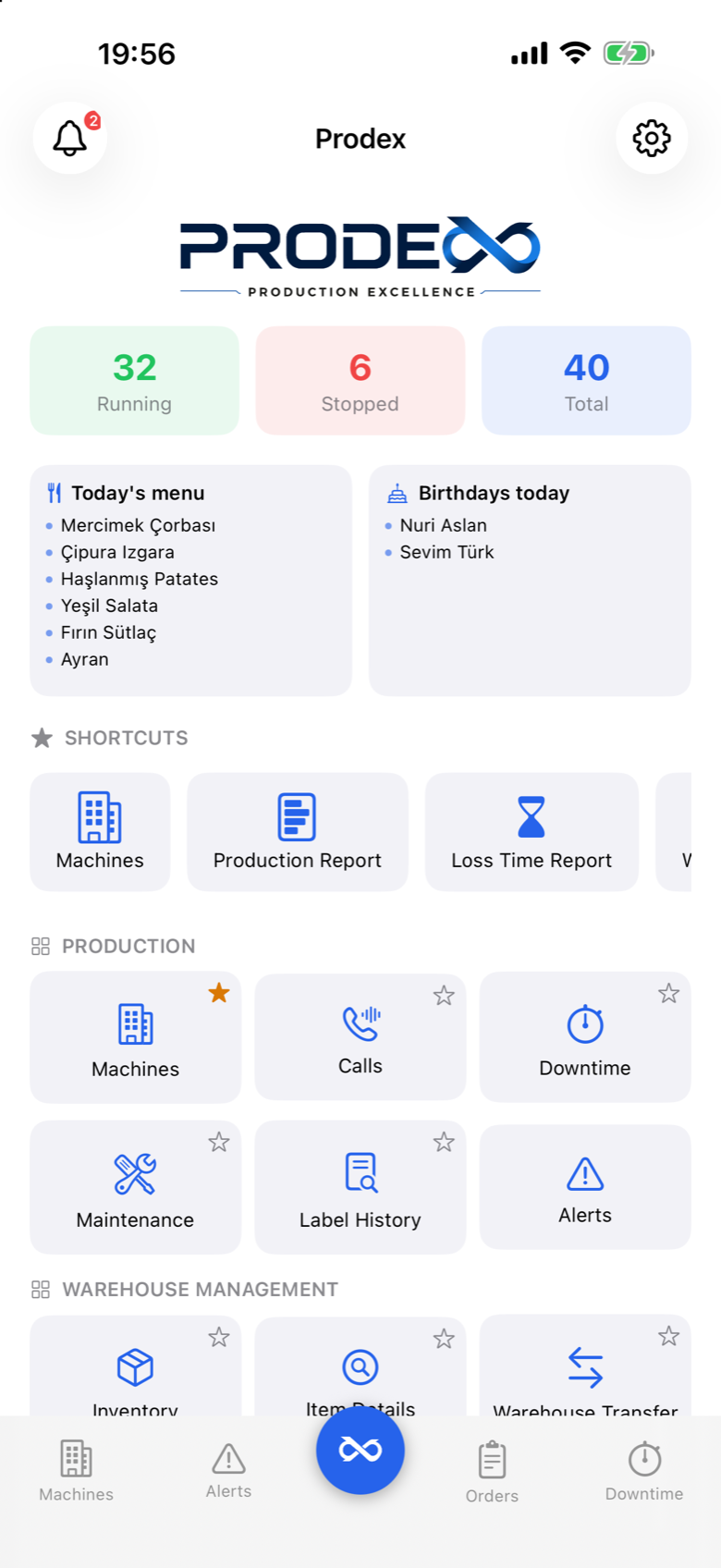 Prodex Mobile home screen with live machine counts and shortcuts