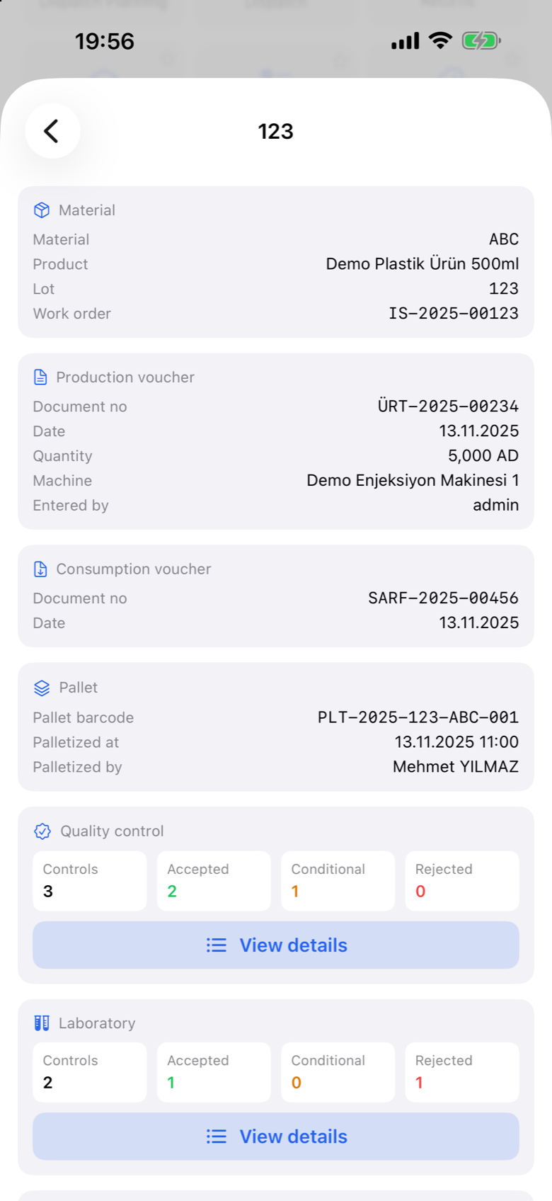 Prodex Mobile lot tracking detail with material, production and pallet records