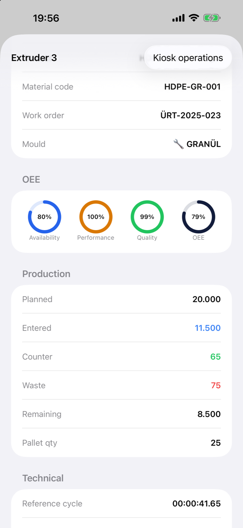 Prodex Mobile machine detail with live OEE gauges and production counters