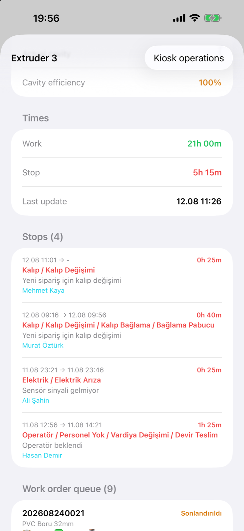 Prodex Mobile machine downtime history with reasons and technicians