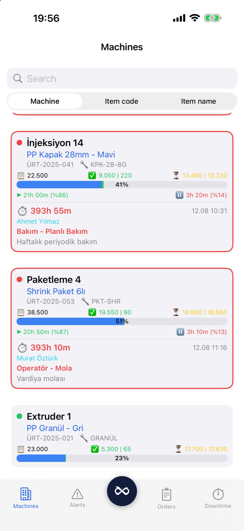 Prodex Mobile live machine cards with downtime reasons