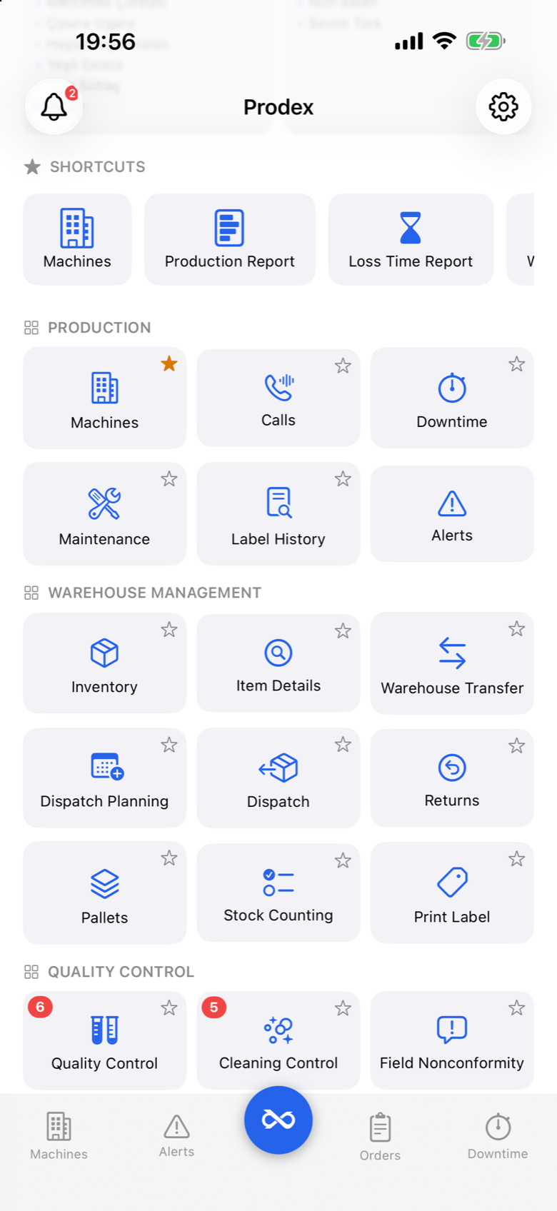 Prodex Mobile module tiles grouped by department