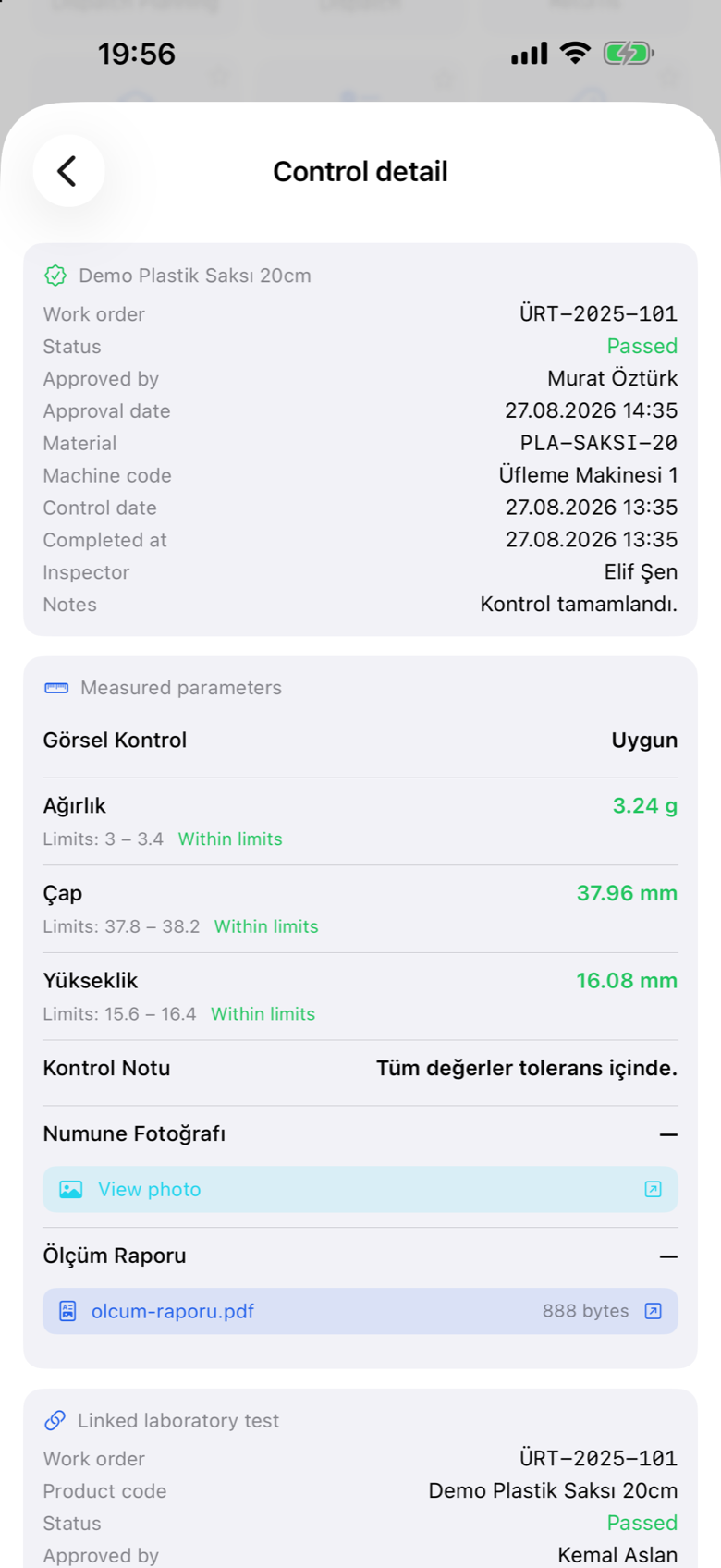 Prodex Mobile quality control detail with measured parameters and limits