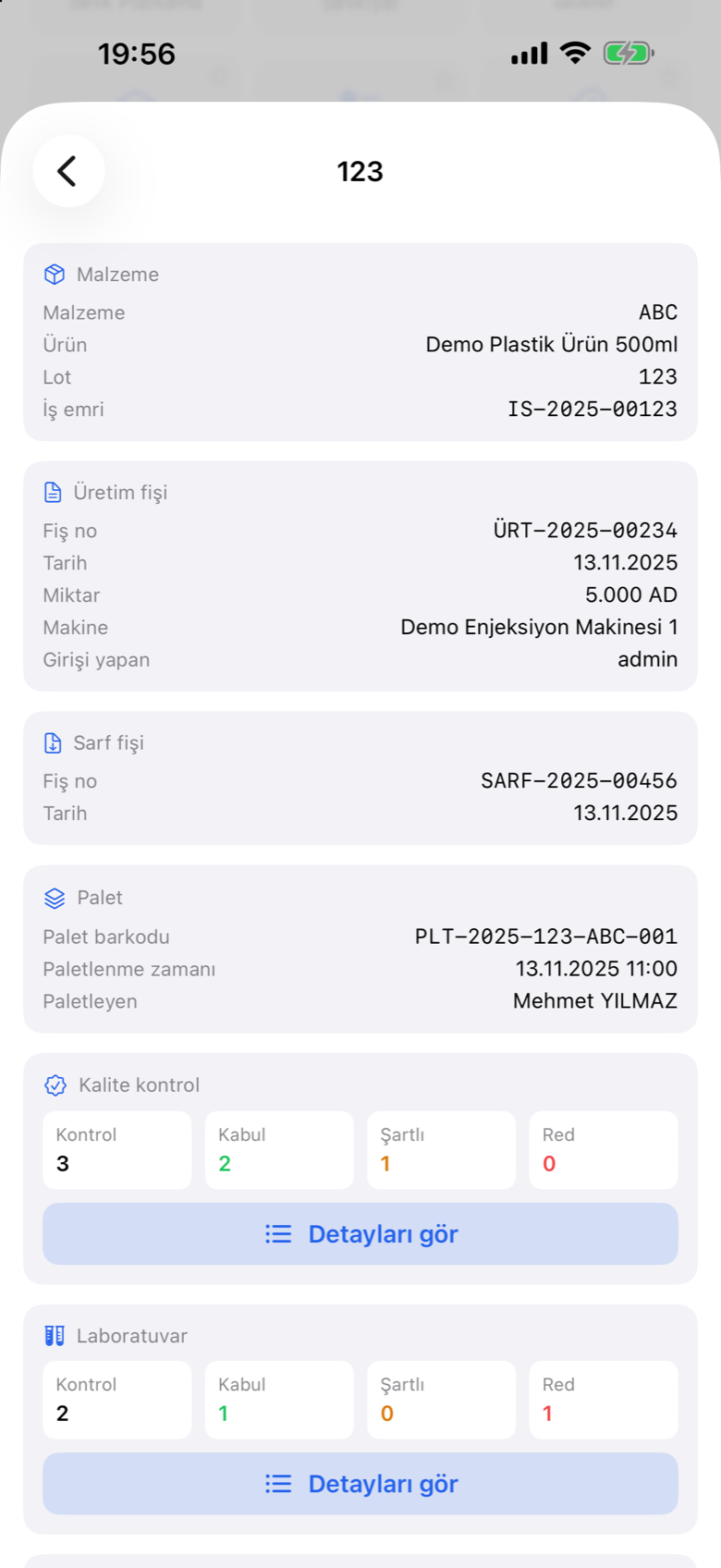 Prodex Mobile lot tracking detail with material, production and pallet records