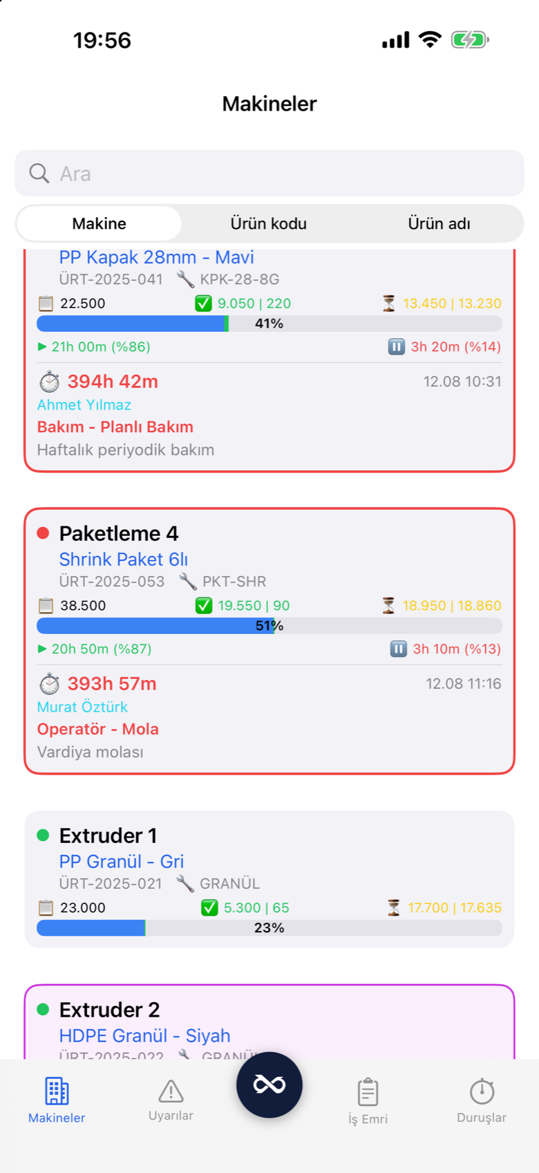 Prodex Mobile live machine cards with downtime reasons