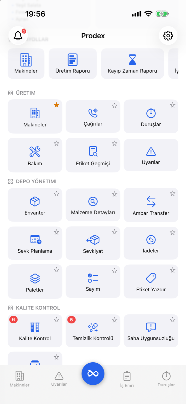 Prodex Mobile module tiles grouped by department