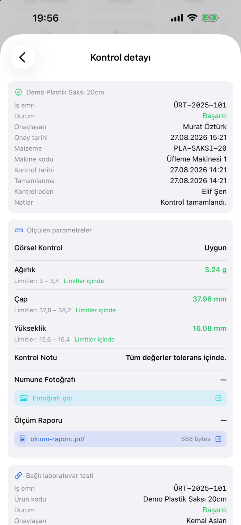 Prodex Mobile quality control detail with measured parameters and limits