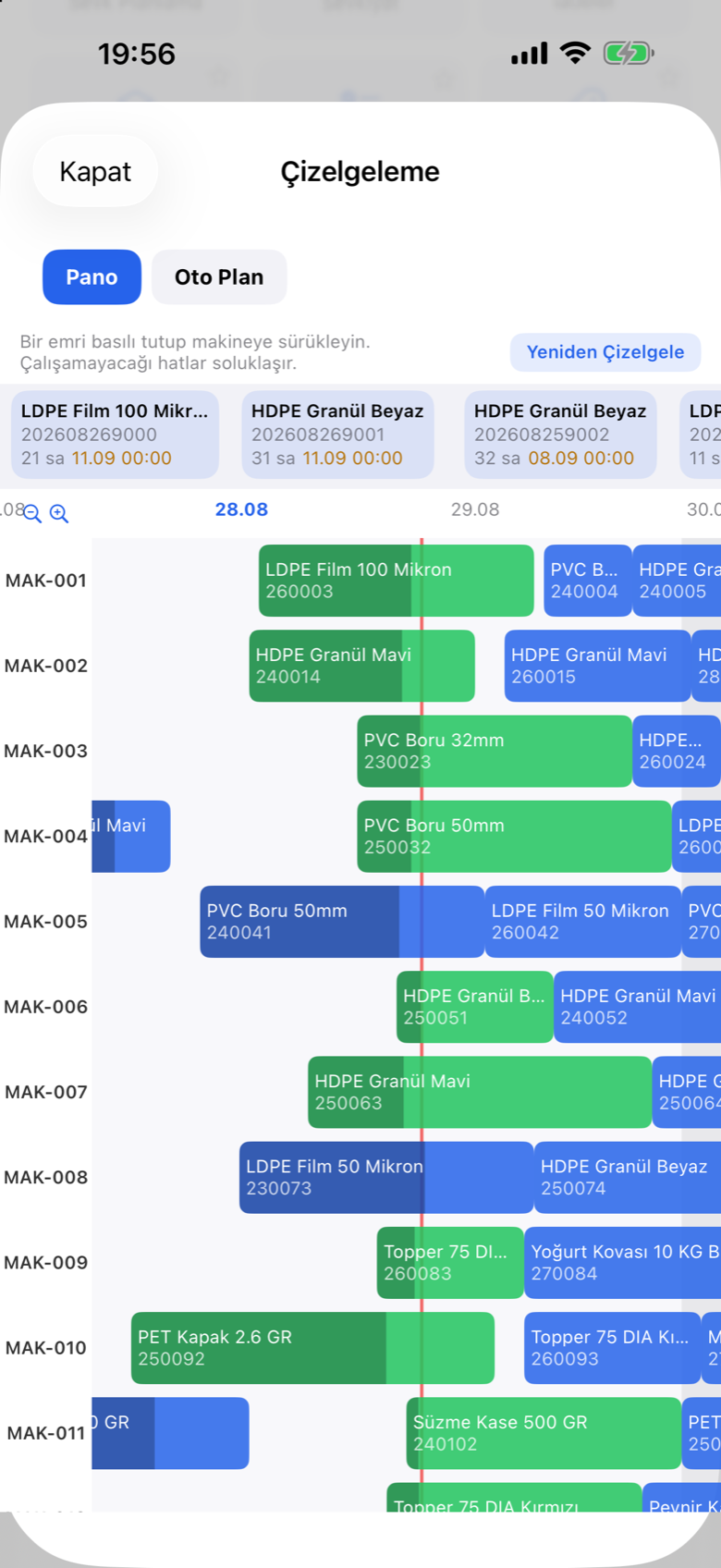 Prodex Mobile drag and drop scheduling board across machines